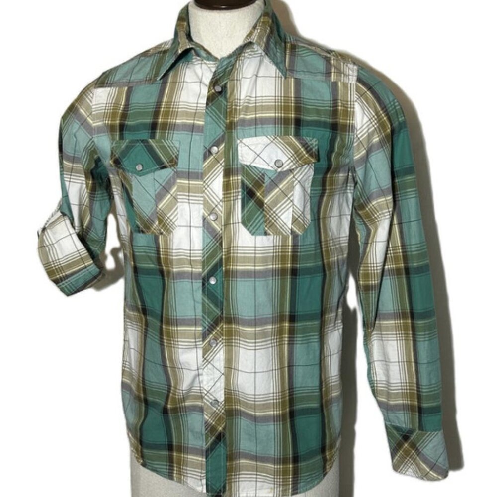 Jachs Men's Plaid Shirt Tab Sleeves Pearlized Snaps Cotton Teal & White Medium